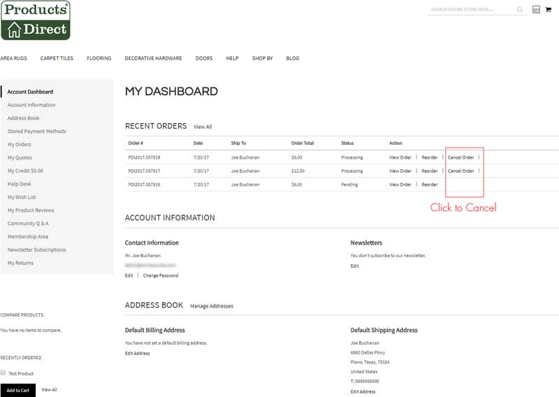 Cancel Order Customer Dashboard